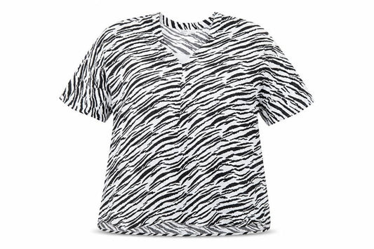 Front view of Yours women’s black white zebra print viscose t-shirt, size UK 22