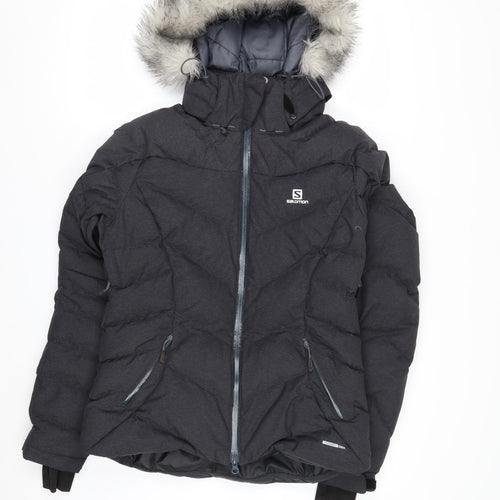 Salomon Women's Black S Waterproof Puffer Ski Jacket with Fur Hood