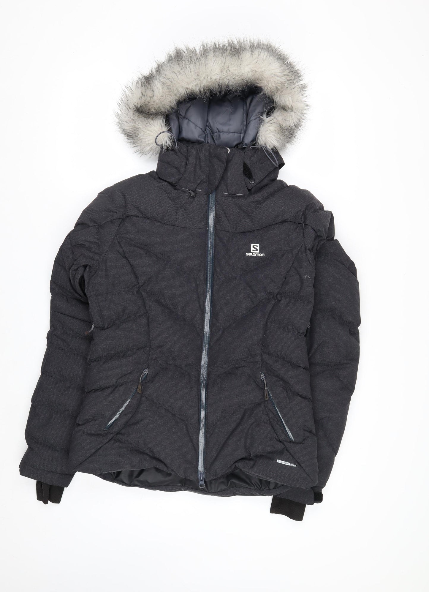 Salomon Women's Black S Waterproof Puffer Ski Jacket with Fur Hood