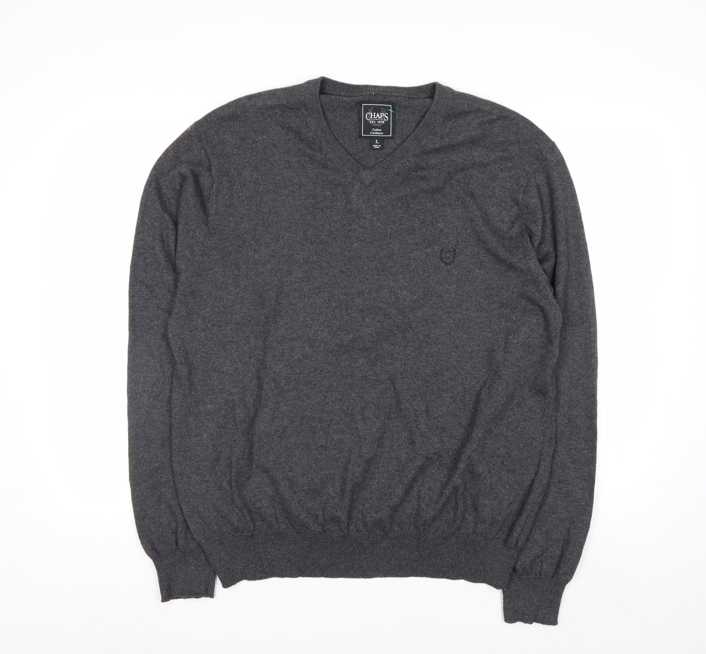 Chaps Men’s Grey Cotton Cashmere V-Neck Pullover Jumper L