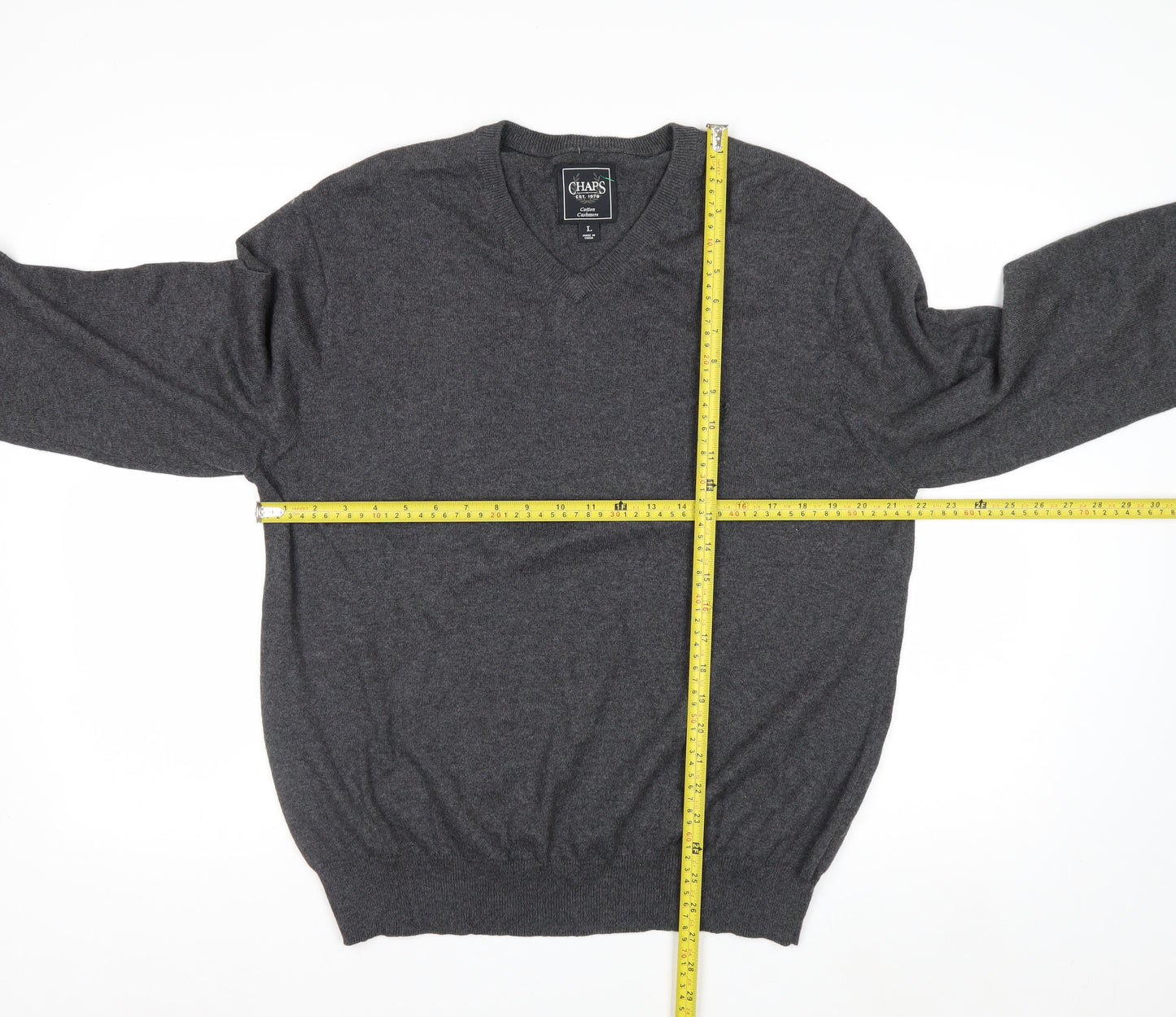 Chaps Men’s Grey Cotton Cashmere V-Neck Pullover Jumper L