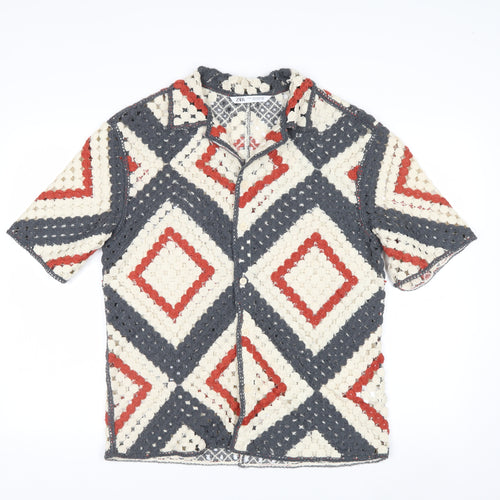 Zara Men's Multicoloured Crochet Cardigan M Retro Geometric