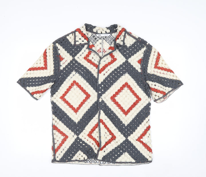 Zara Men's Multicoloured Crochet Cardigan M Retro Geometric