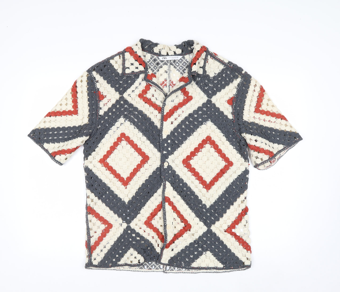 Zara Men's Multicoloured Crochet Cardigan M Retro Geometric