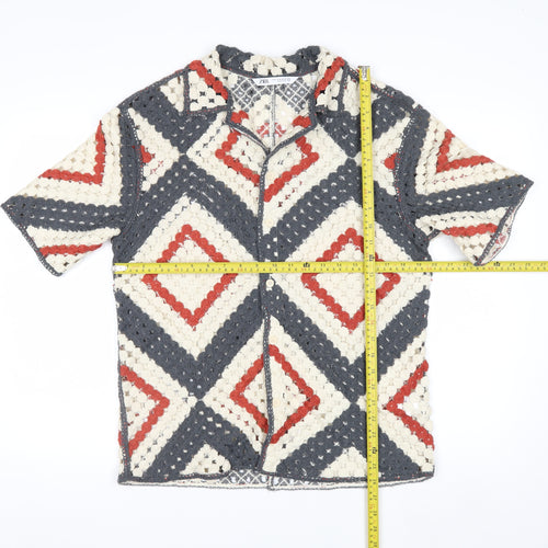 Zara Men's Multicoloured Crochet Cardigan M Retro Geometric