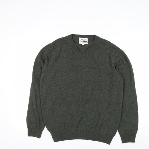 Marks and Spencer Men's Green Wool V-Neck Jumper Size L