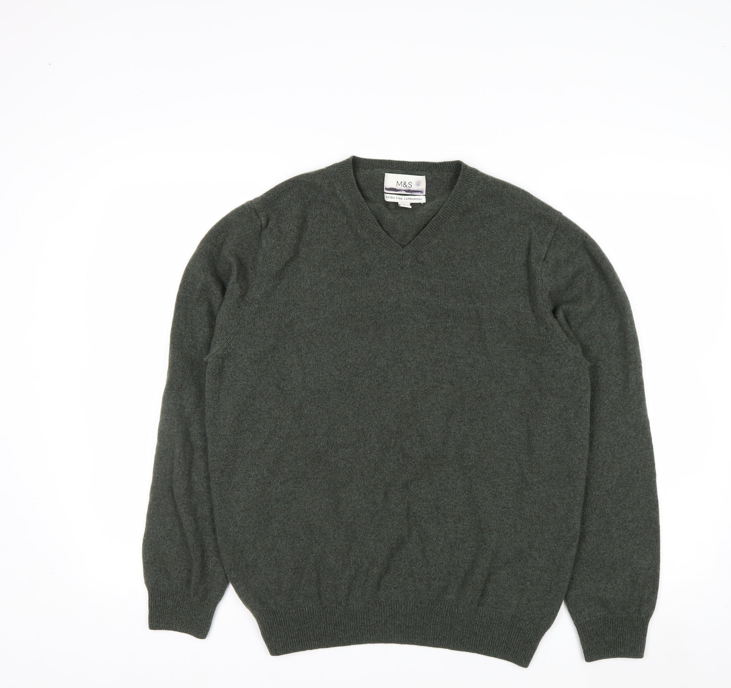 Marks and Spencer Men's Green Wool V-Neck Jumper Size L