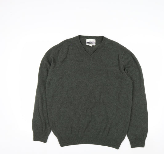 Marks and Spencer Men's Green Wool V-Neck Jumper Size L