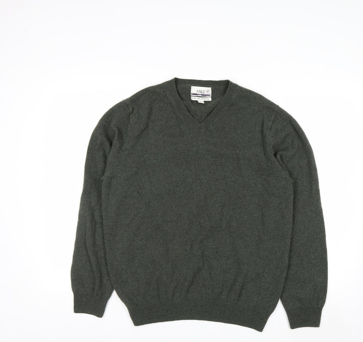 Marks and Spencer Men's Green Wool V-Neck Jumper Size L
