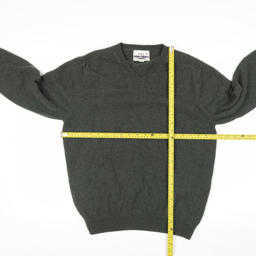 Marks and Spencer Men's Green Wool V-Neck Jumper Size L