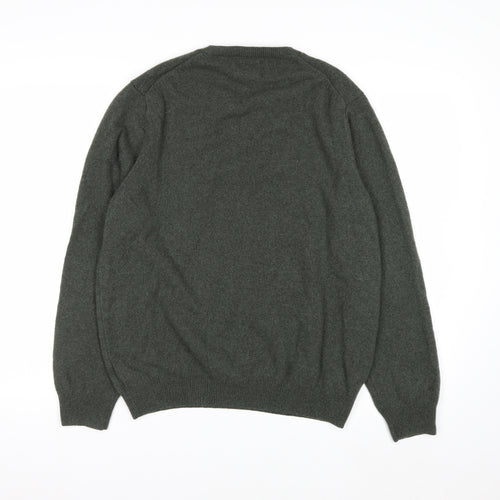 Marks and Spencer Men's Green Wool V-Neck Jumper Size L