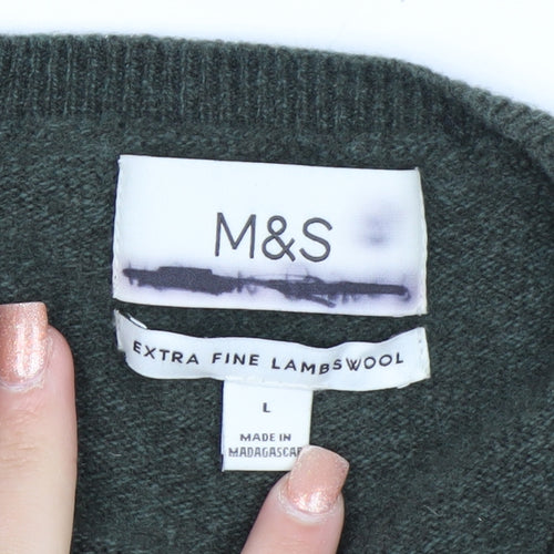 Marks and Spencer Men's Green Wool V-Neck Jumper Size L