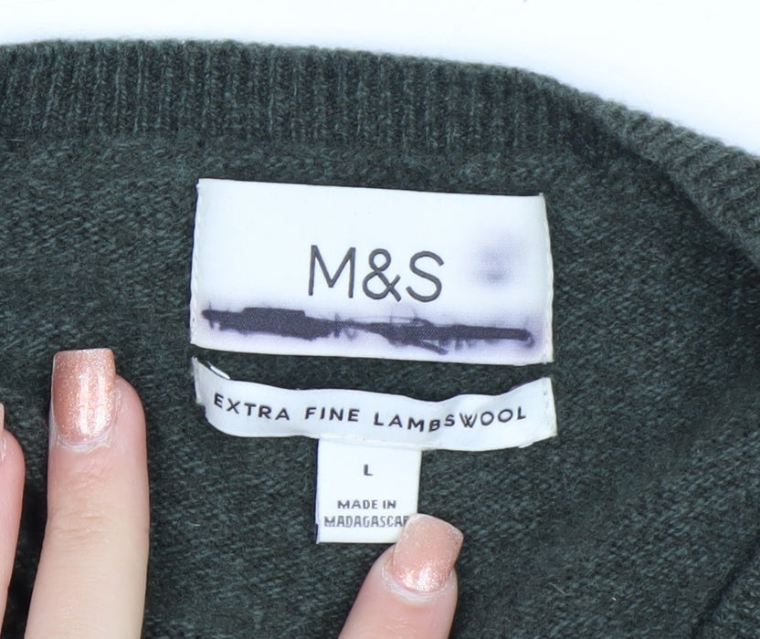 Marks and Spencer Men's Green Wool V-Neck Jumper Size L