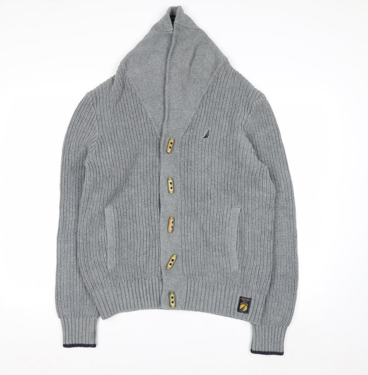 Nautica Men's Grey Cotton Chunky-Knit Shawl Collar Cardigan M