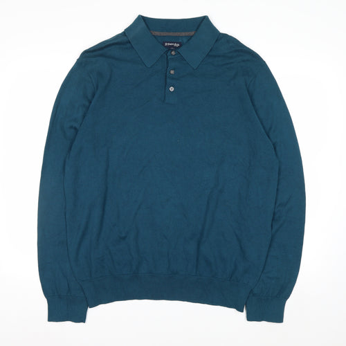 St. John's Bay Men's Blue Collared Cotton Henley Jumper Size L