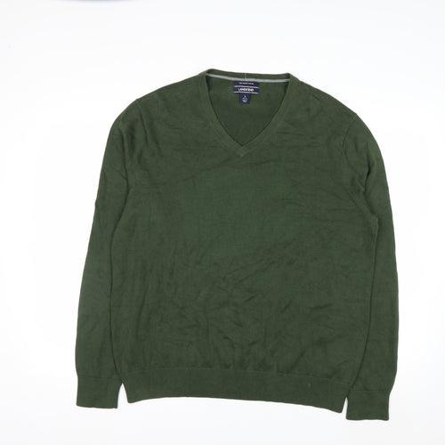 Lands' End Men's Green Cotton V-Neck Jumper Size L