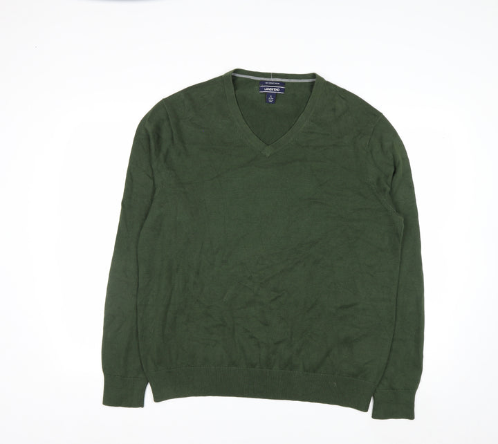 Lands' End Men's Green Cotton V-Neck Jumper Size L