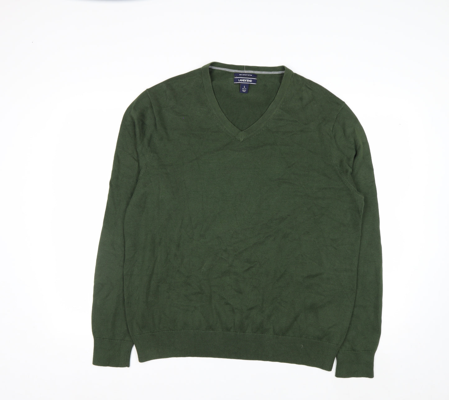 Lands' End Men's Green Cotton V-Neck Jumper Size L