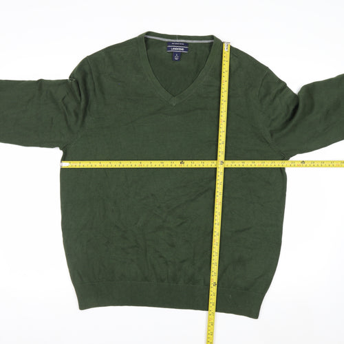 Lands' End Men's Green Cotton V-Neck Jumper Size L