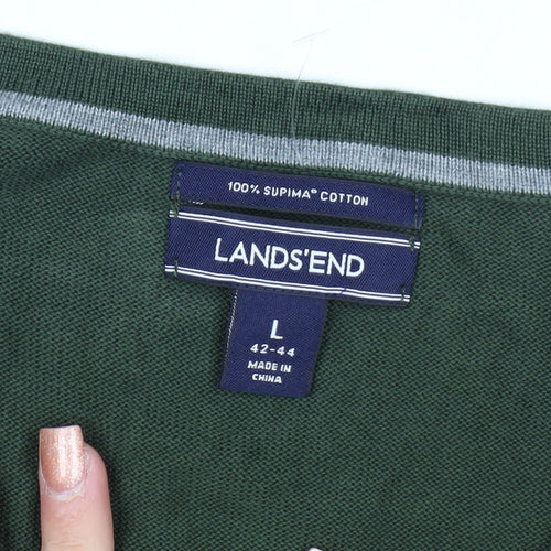 Lands' End Men's Green Cotton V-Neck Jumper Size L
