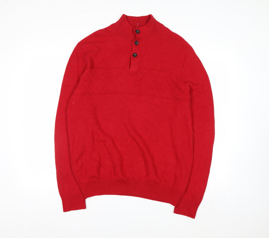 Chaps Men's Red Mock Neck Henley Cotton Jumper Size M