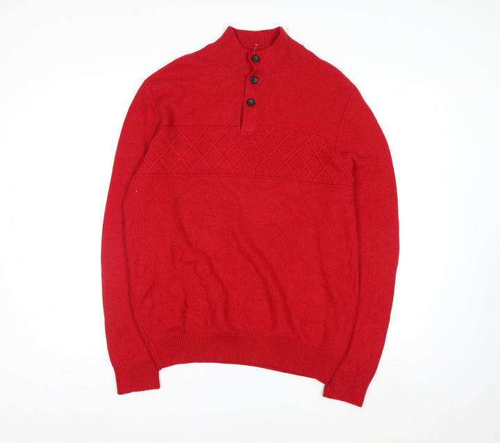 Chaps Men's Red Mock Neck Henley Cotton Jumper Size M