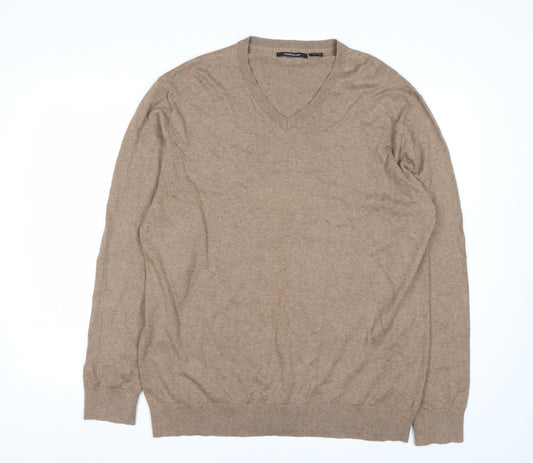 Claiborne Men's Beige V-Neck Cotton Cashmere Jumper XL