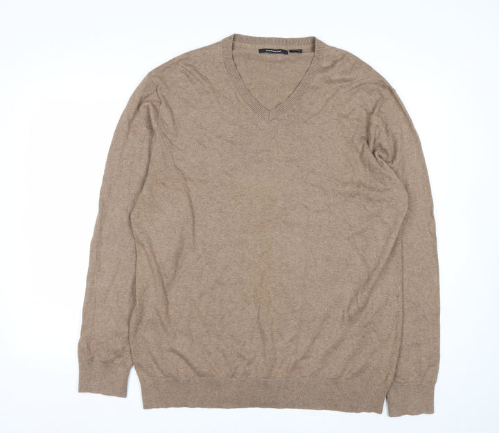 Claiborne Men's Beige V-Neck Cotton Cashmere Jumper XL