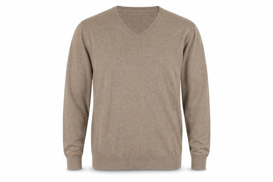 Front view of Claiborne Men's Beige V-Neck Cotton Cashmere Jumper XL