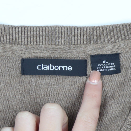 Claiborne Men's Beige V-Neck Cotton Cashmere Jumper XL