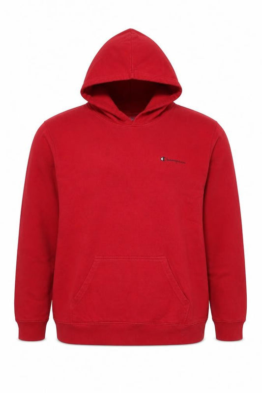 Front view of Champion women’s red pullover hoodie 1xl cotton blend athletic style
