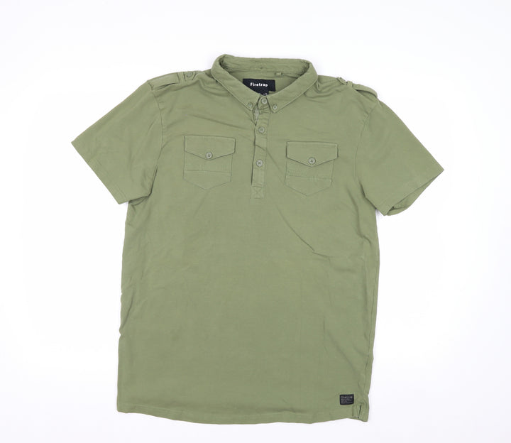 Firetrap Men's Green XL Henley Button-Up Short Sleeve Casual Shirt