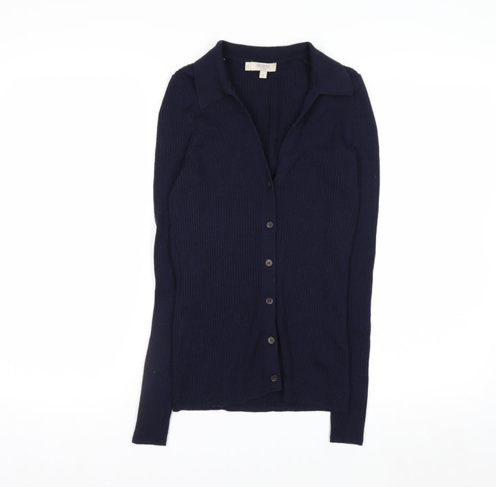 Hobbs Women’s Blue Merino Wool Collared Button Cardigan M