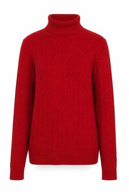 Front view of Talbots Women's Red Roll Neck Cable-Knit Cotton Jumper, size S