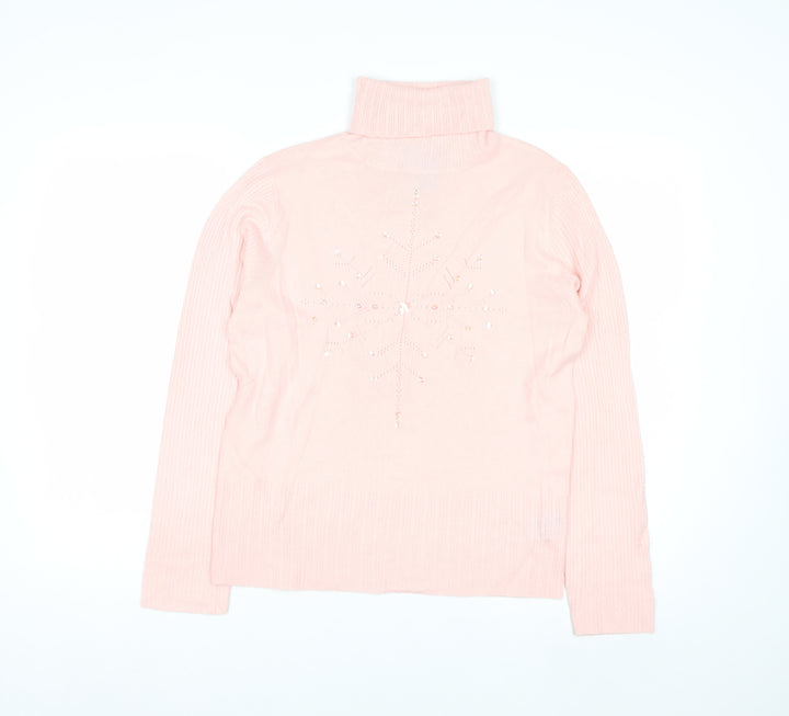Norton McNaughton Women's Pink Roll Neck Beaded Winter Jumper S