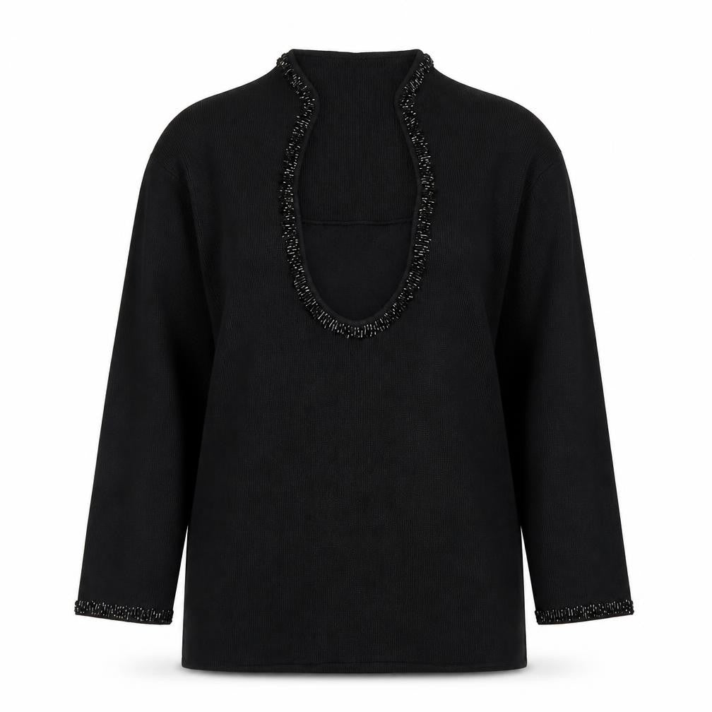 Front view of Cyrus Women's Black Beaded Scoop Neck Knit Jumper Medium