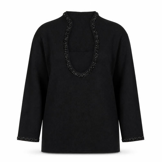 Front view of Cyrus Women's Black Beaded Scoop Neck Knit Jumper Medium