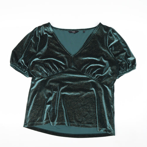 Next Women's Green Velvet V-Neck Puff Sleeve Tunic Blouse Size 16