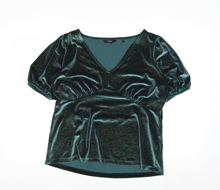 Next Women's Green Velvet V-Neck Puff Sleeve Tunic Blouse Size 16