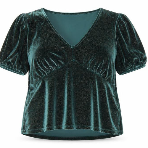 Next Women's Green Velvet V-Neck Puff Sleeve Tunic Blouse Size 16