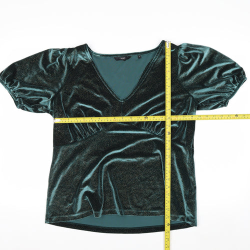 Next Women's Green Velvet V-Neck Puff Sleeve Tunic Blouse Size 16