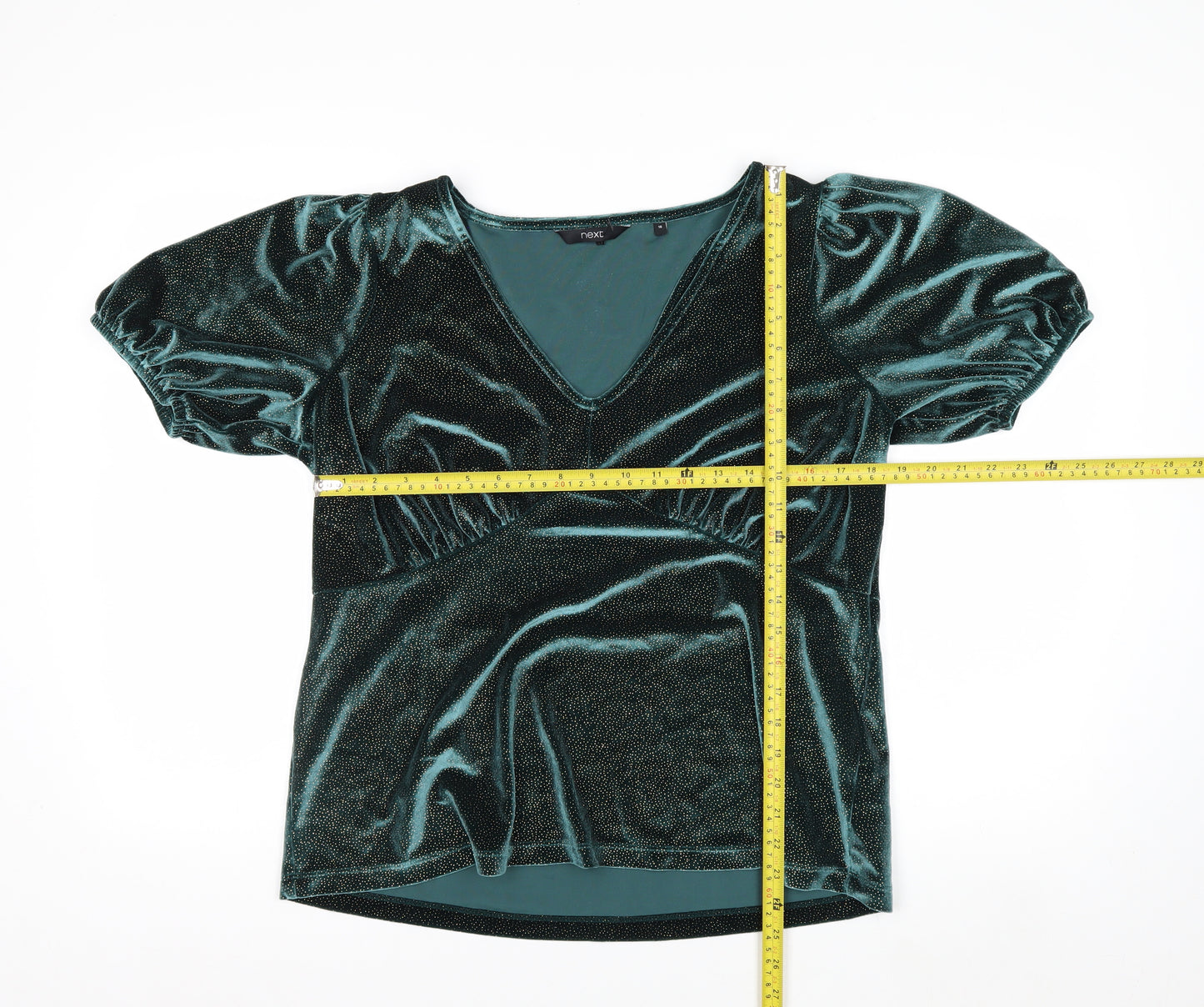 Next Women's Green Velvet V-Neck Puff Sleeve Tunic Blouse Size 16