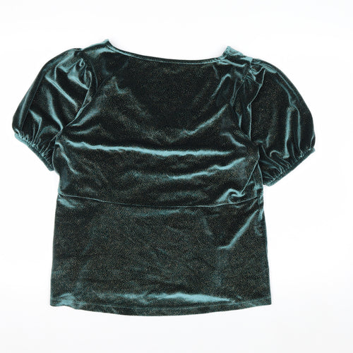 Next Women's Green Velvet V-Neck Puff Sleeve Tunic Blouse Size 16