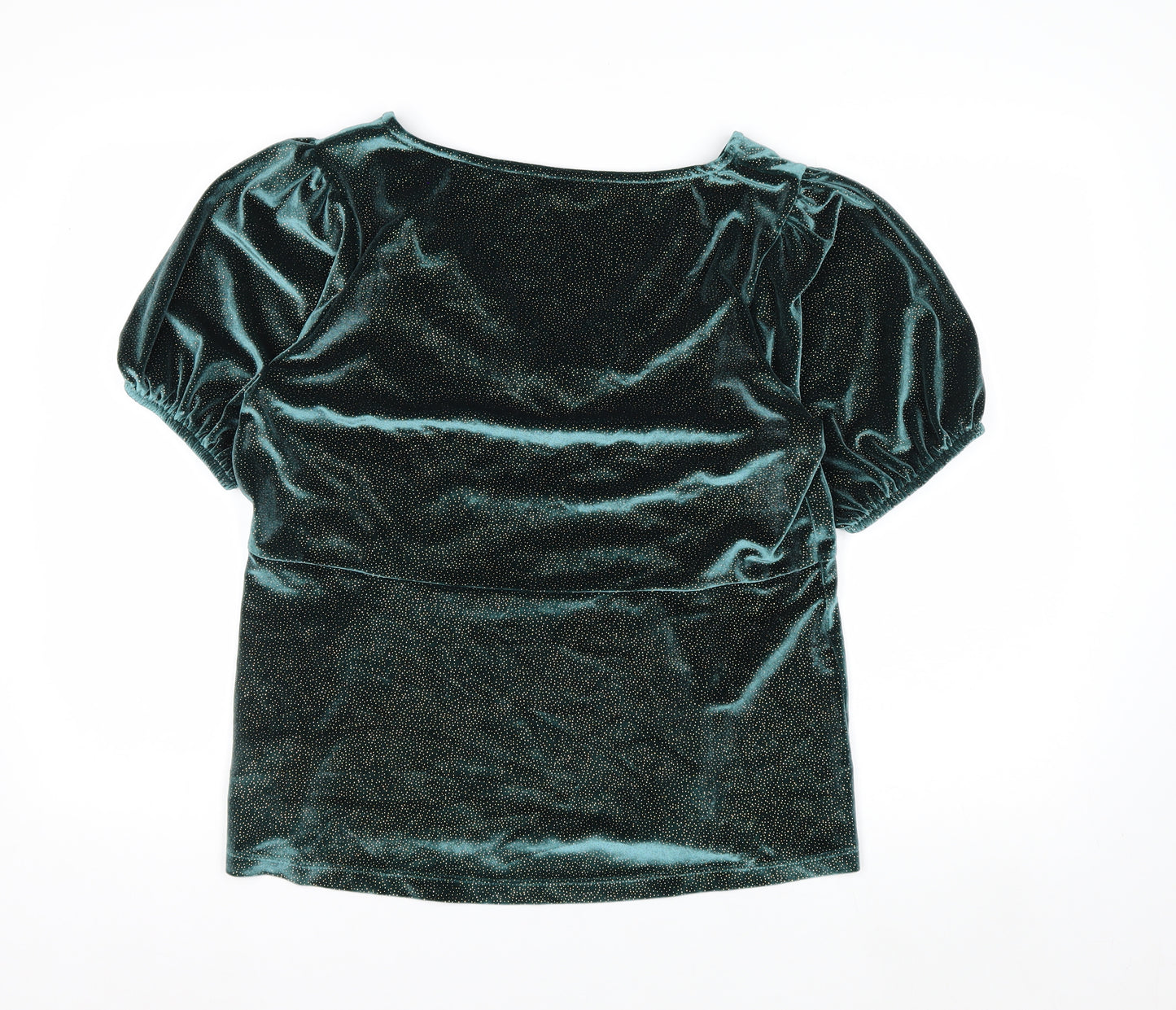 Next Women's Green Velvet V-Neck Puff Sleeve Tunic Blouse Size 16