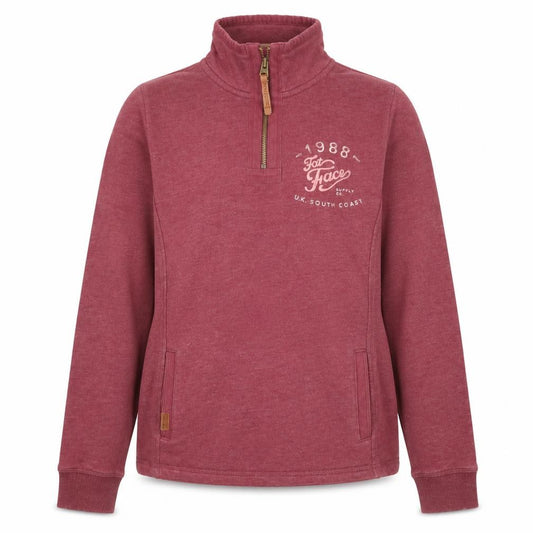 Front view of FatFace Women's Red Garnet 1/4 Zip Sweatshirt, size 8, Cotton Blend