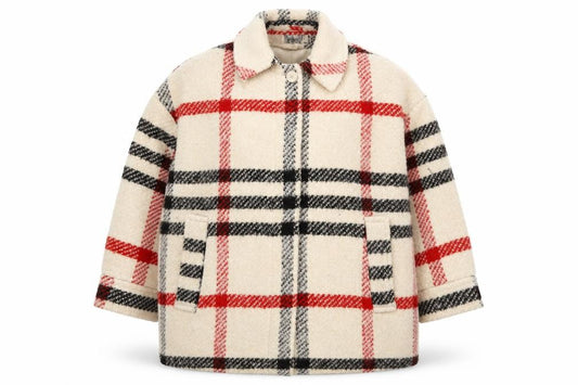 Front view of Weekday Women's Beige Checked Wool Blend Coat XS