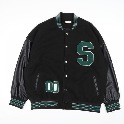 STYLE GANG Men's Black Varsity Jacket L Wool & Faux Leather Retro