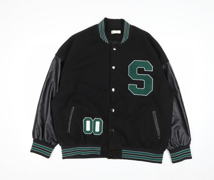 STYLE GANG Men's Black Varsity Jacket L Wool & Faux Leather Retro