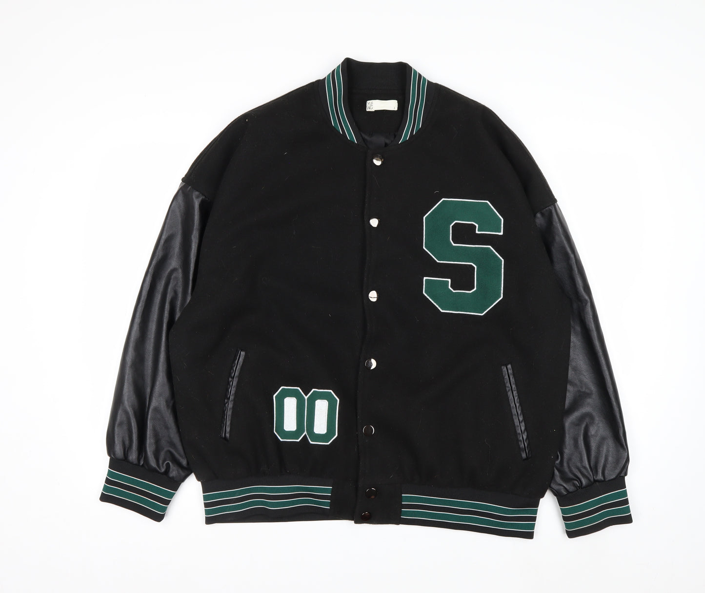 STYLE GANG Men's Black Varsity Jacket L Wool & Faux Leather Retro