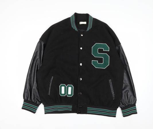 STYLE GANG Men's Black Varsity Jacket L Wool & Faux Leather Retro